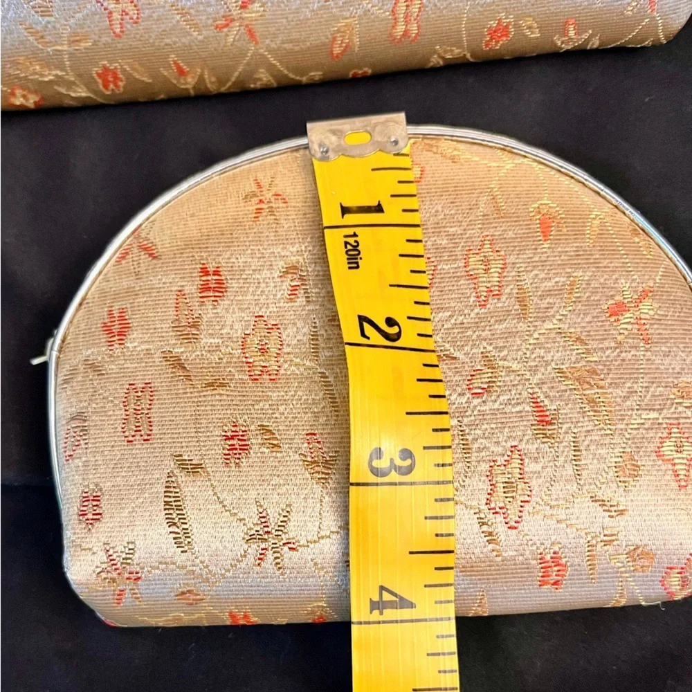 New VTG Silk Brocade Floral Cosmetic Bag Set 5 Nesting Makeup Travel Pouch Gold